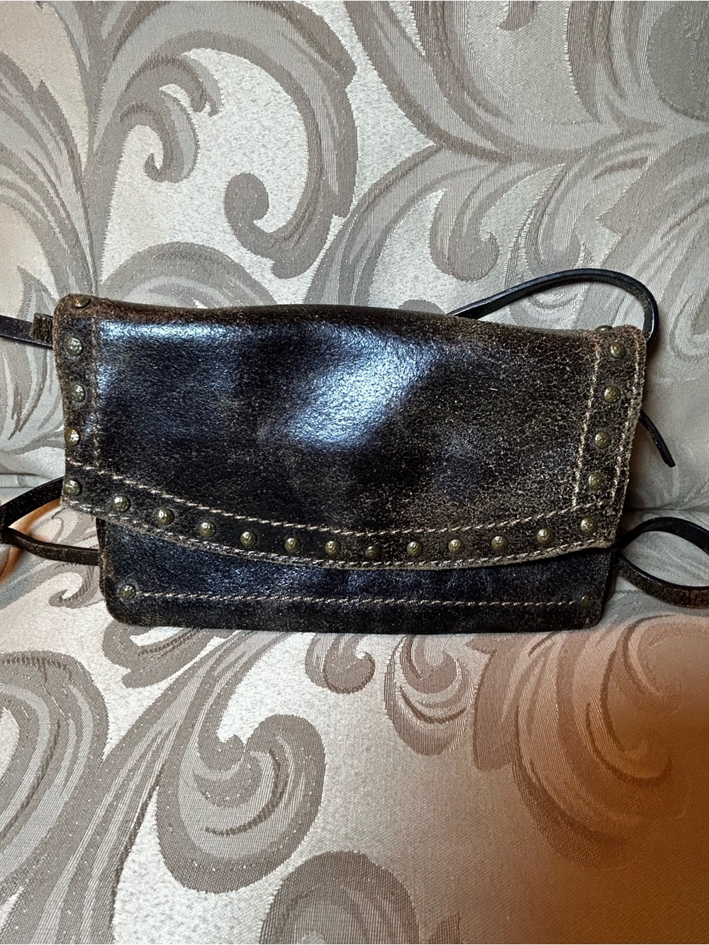 Frye & Co. Victoria Moto Stud Crossbody Clutch Distressed Chocolate Leather Bag